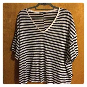 Zara Navy and White Striped V Neck Linen T